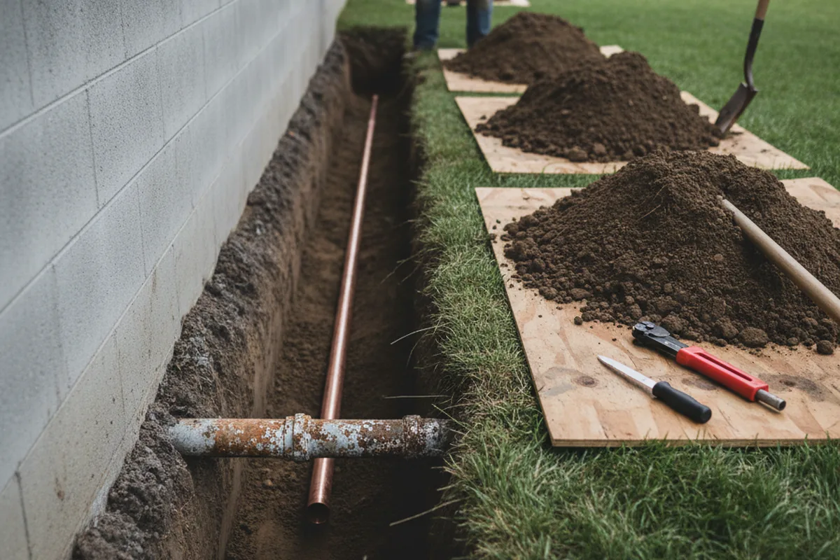 Excavated water line trench during Sewer Line Repair in Bridgman
